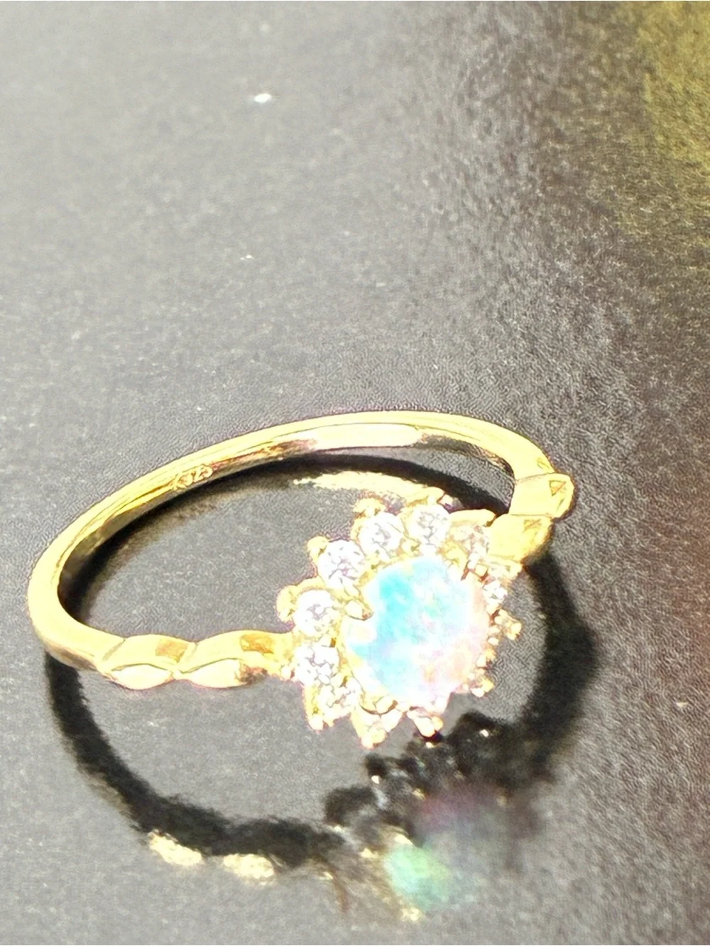 925 Sterling Silver Gold Tone  Opal Halo Ring Sz 9- White Opal